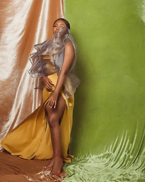 A woman in a sheer organza top and mustard skirt against ochre and green silk drapes.