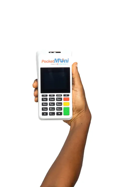 A hand holds up a PocketMoni POS terminal on white.