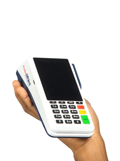 A hand cradles a PocketMoni terminal, screen angled to camera.