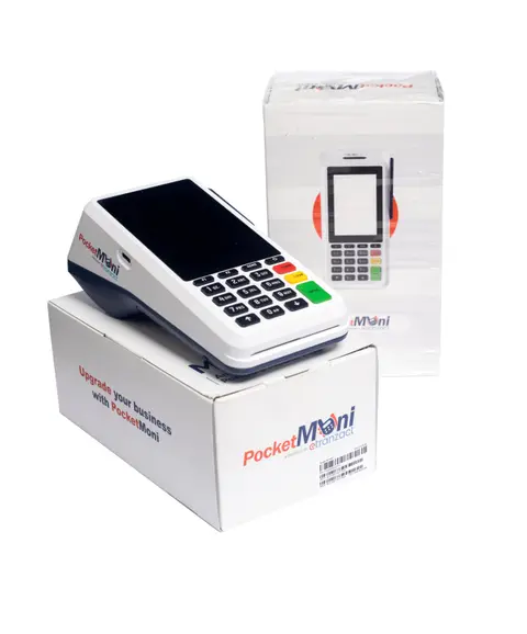 A PocketMoni terminal on top of its retail box.