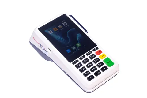 A PocketMoni terminal at an angle, colour screen and keypad on white.