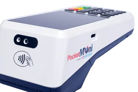 Close detail of the PocketMoni terminal's contactless panel and camera.
