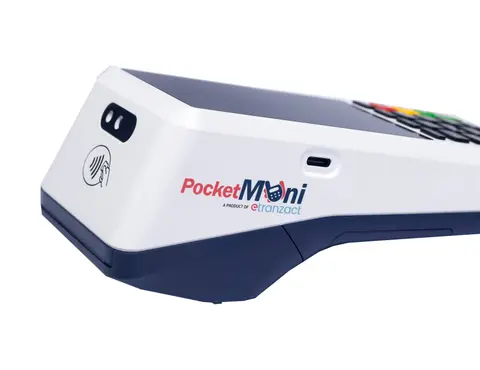 The side profile of a PocketMoni terminal showing the contactless symbol.